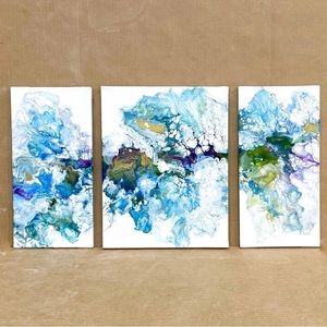 Original Acrylic Fluid Art on Stretched Canvas Triptych Wall Art